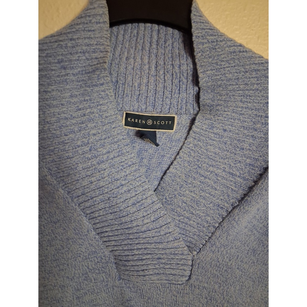 Karen Scott Powder Blue Shawl Collar V-Neck Knit Sweater Old Money Cozy Pullover - Picture 2 of 5